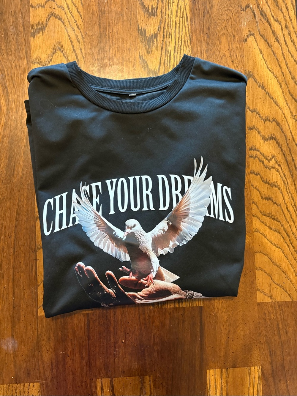 Black Graphic 'Chase Your Dreams' Crewneck Shirt with Dove Print